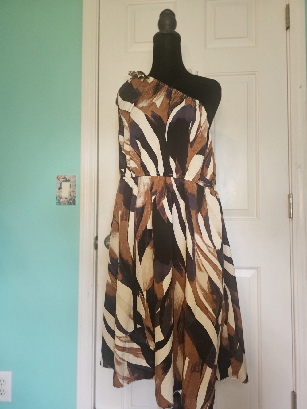SHEIN Curve One-Shoulder Brown Abstract Tropical Print Dress Women's Size 1XL